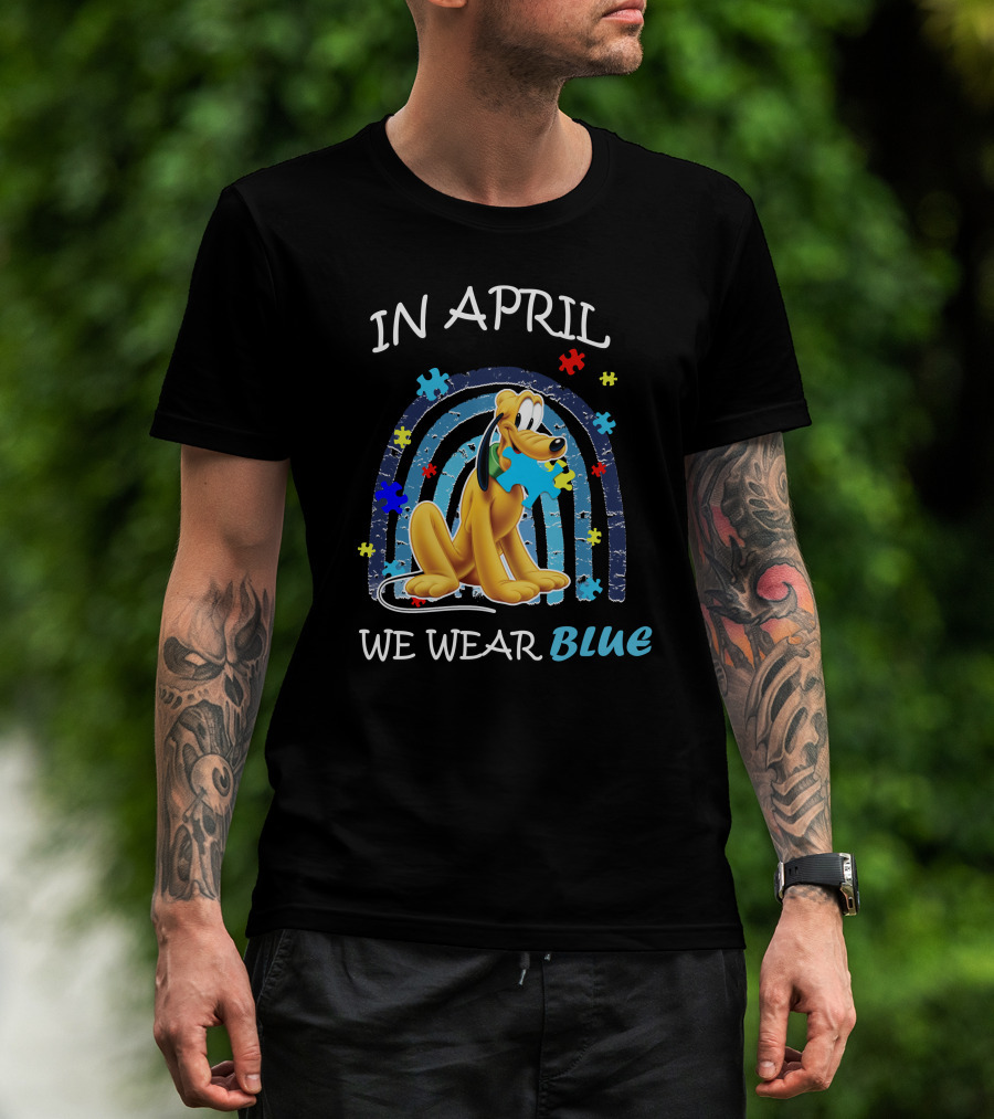 In April We Wear Blue Pluto Puzzle Autism Awareness T-Shirt