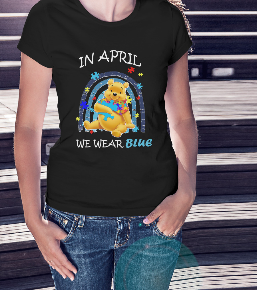 In April We Wear Blue Pooh Puzzle Autism Awareness T-Shirt