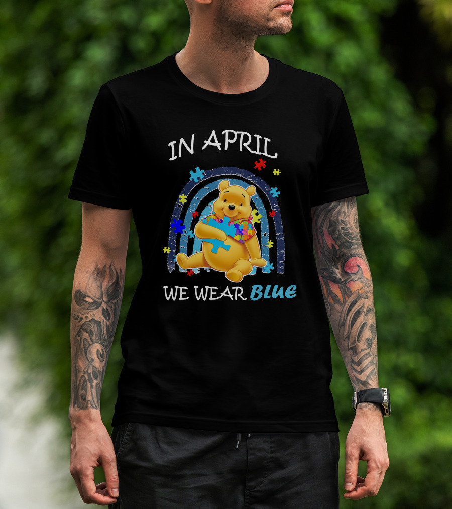 In April We Wear Blue Pooh Puzzle Autism Awareness T-Shirt