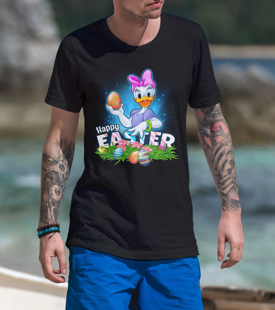 Daisy Duck Celebrating Happy Easter With Colorful Eggs And Flowers T-Shirt
