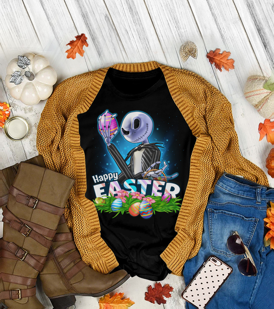 JACK SKELLINGTON Happy Easter with Colorful Eggs and Flowers T-Shirt