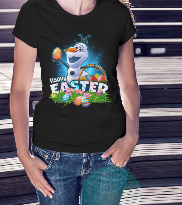 Happy Easter Olaf With Colorful Eggs And Basket T-Shirt