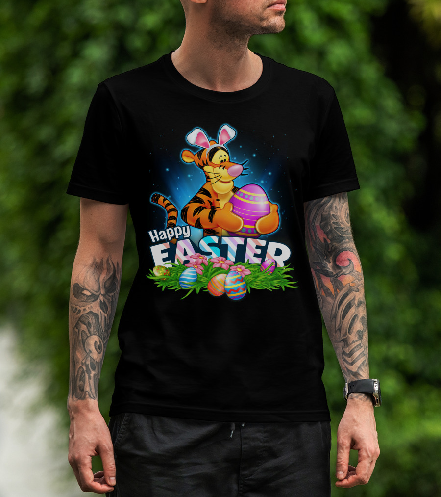 Happy Easter Tigger With Colorful Eggs And Bunny Ears T-Shirt