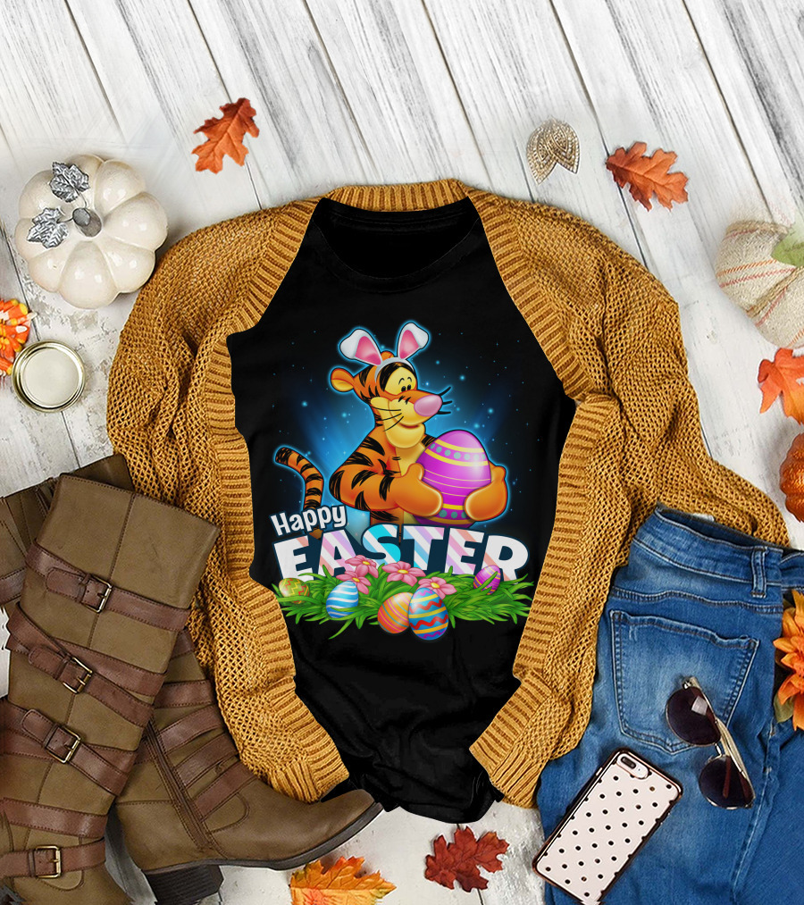 Happy Easter Tigger with Colorful Eggs and Bunny Ears T-Shirt
