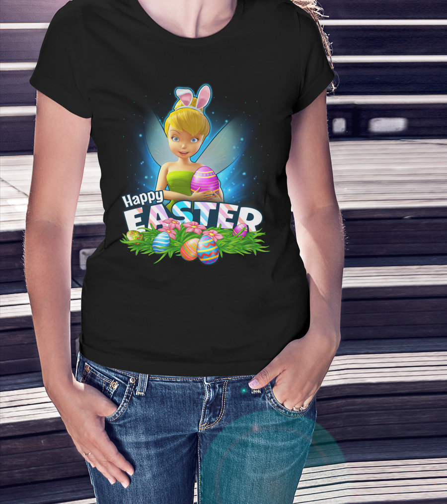 TINKER BELL Happy Easter With Colorful Eggs And Flowers T-Shirt