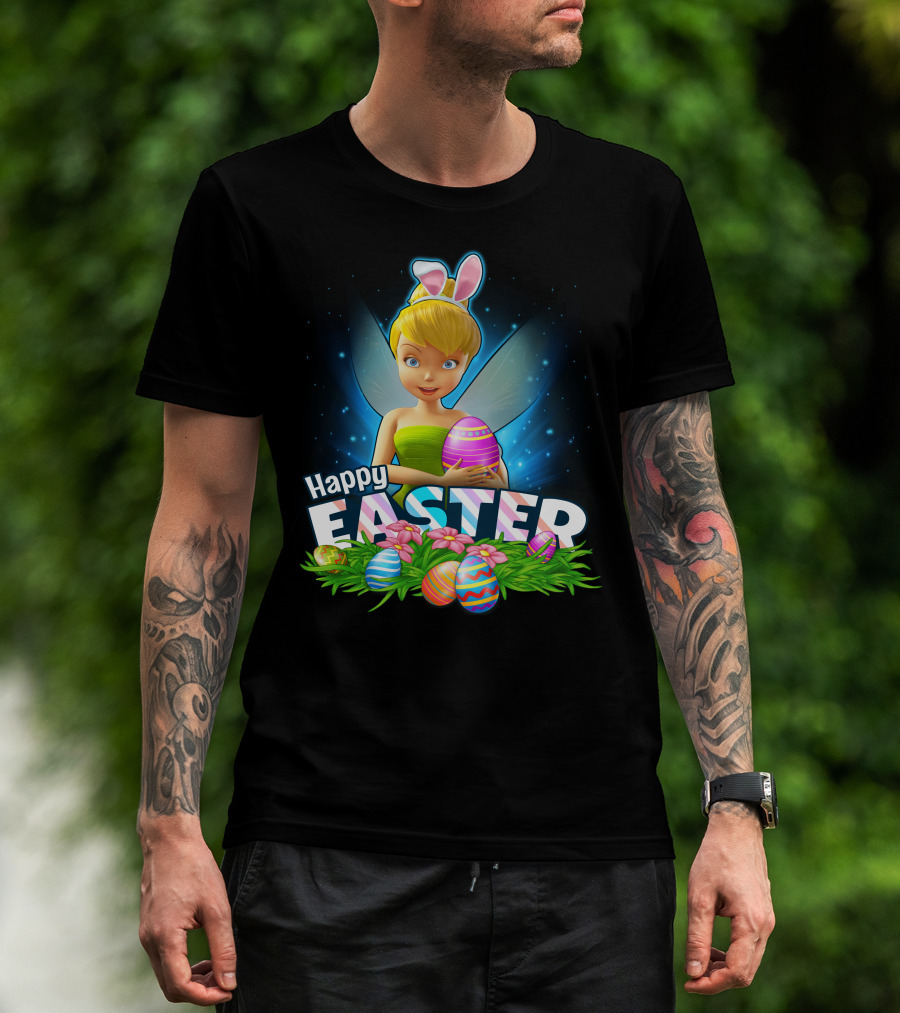 TINKER BELL Happy Easter With Colorful Eggs And Flowers T-Shirt