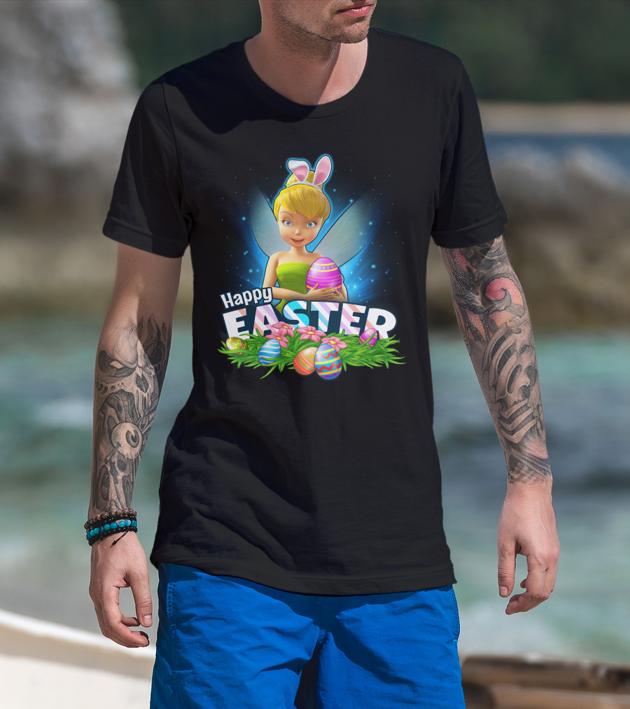TINKER BELL Happy Easter With Colorful Eggs And Flowers T-Shirt