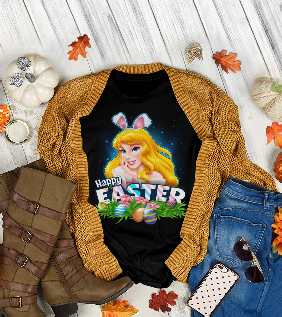 Happy Easter Aurora Bunny Ears with Colorful Eggs and Flowers T-Shirt