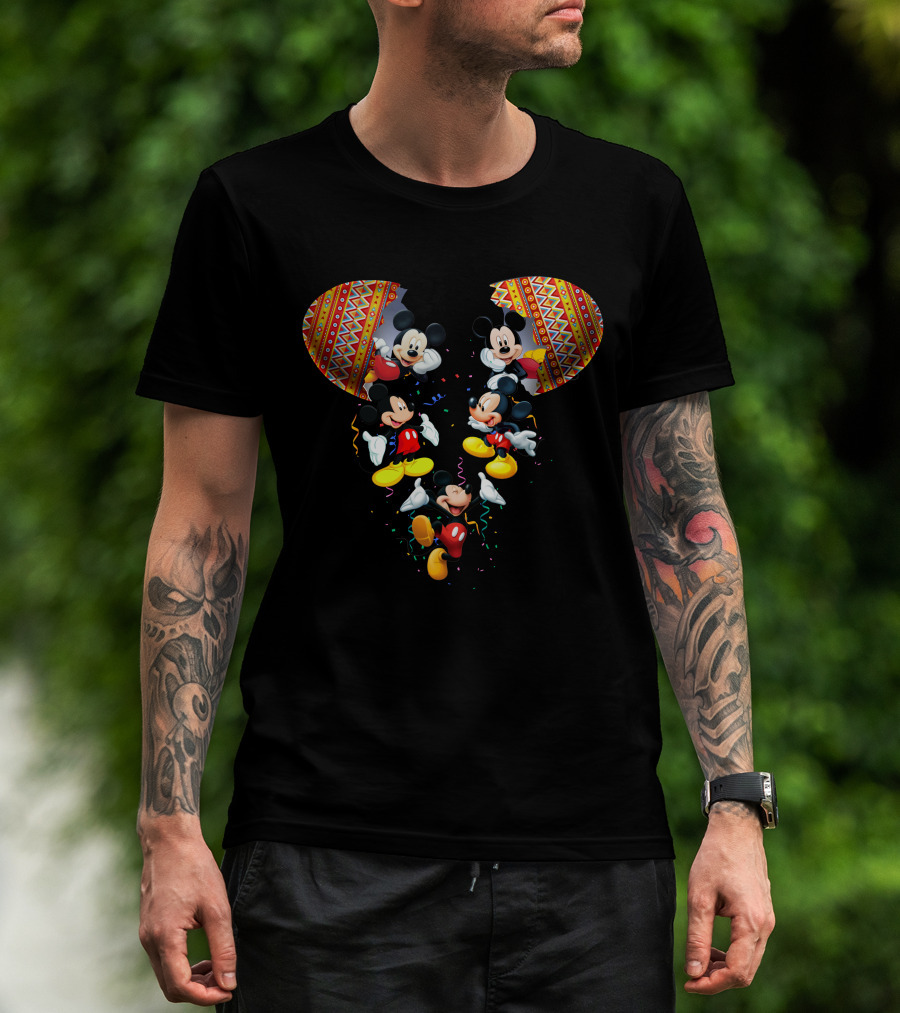 Mickey Mouse Colorful Festive Celebration Inside Aztec Pattern Ears T-Shirt