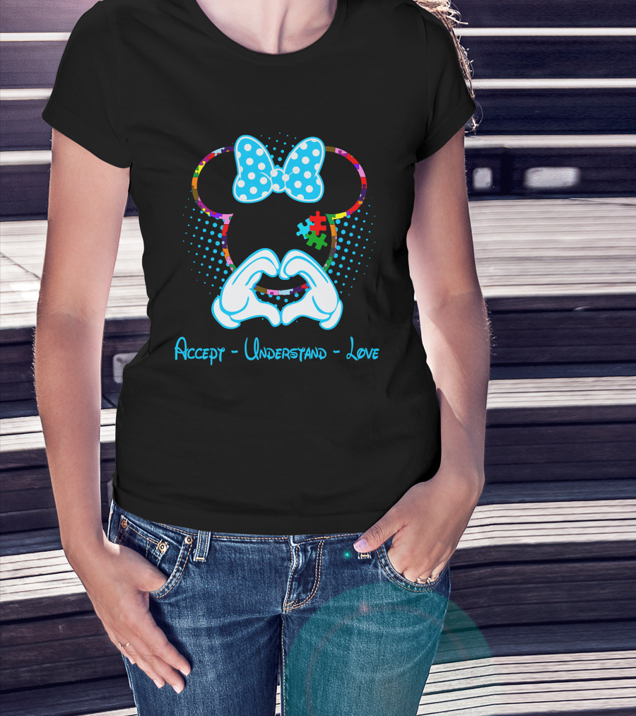 Accept Understand Love Autism Minnie Puzzle Bow T-Shirt