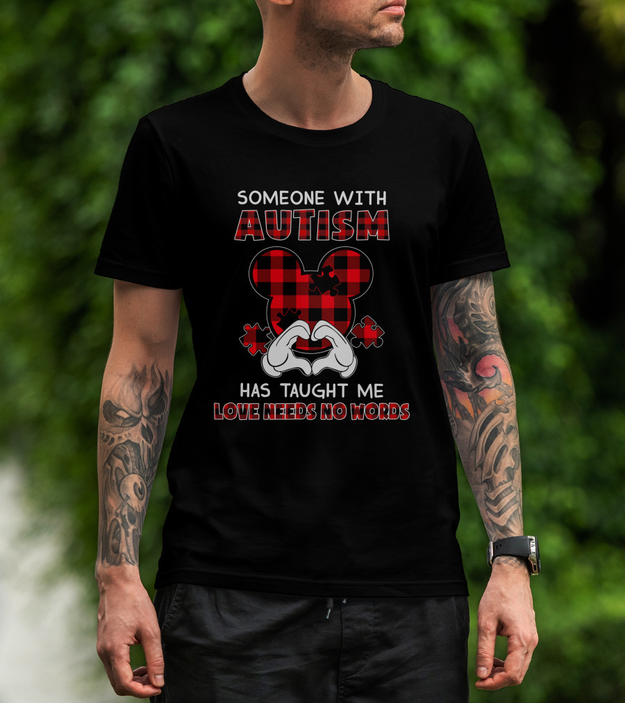 Someone With Autism Has Taught Me Love Needs No Words Mickey Ears Puzzle Plaid T-Shirt