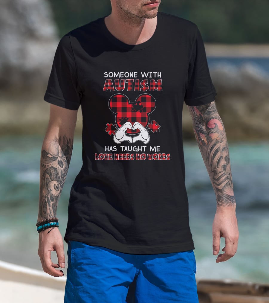 Someone With Autism Has Taught Me Love Needs No Words Mickey Ears Puzzle Plaid T-Shirt