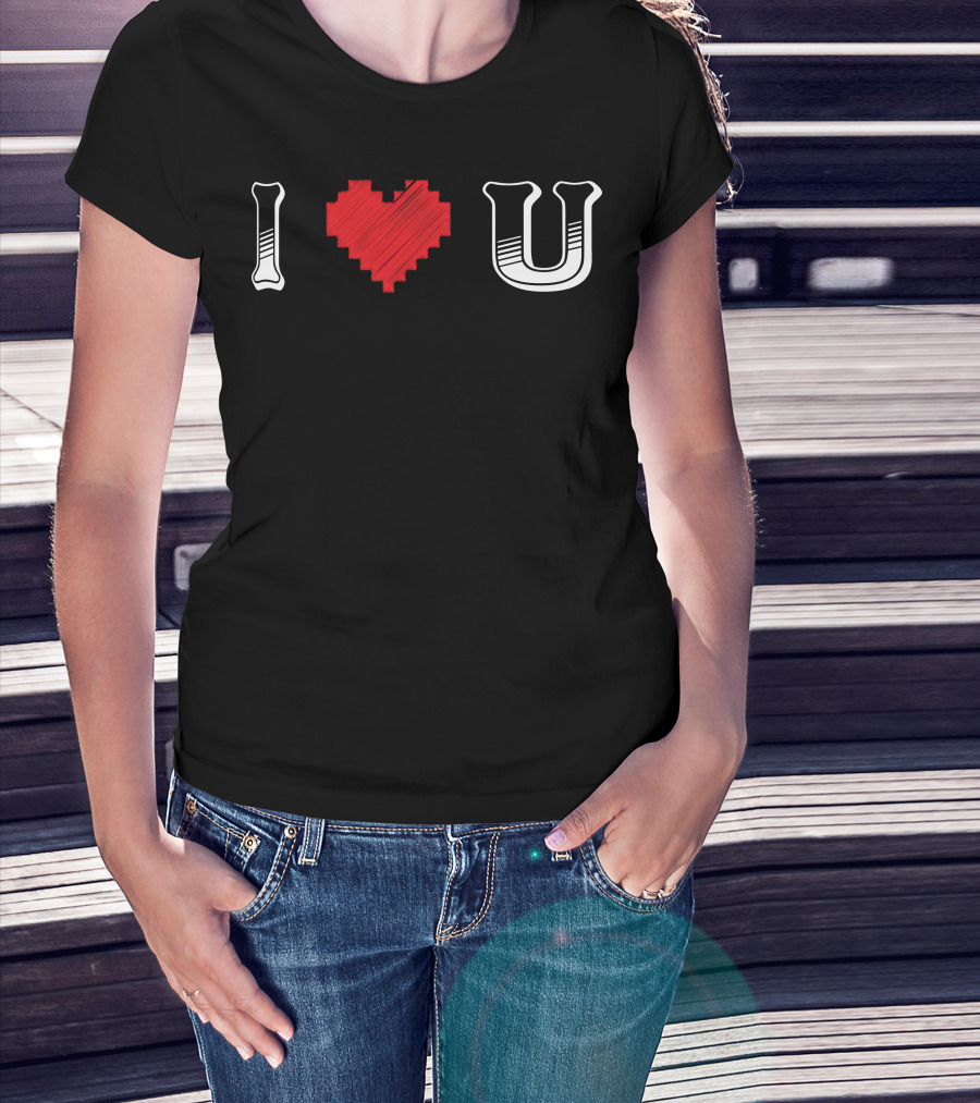 I Heart U Pixel Red Love Text T-Shirt