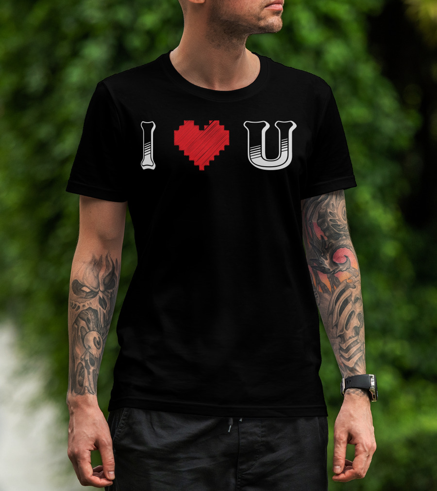 I Heart U Pixel Red Love Text T-Shirt