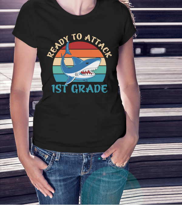 Ready To Attack 1st Grade Shark Retro Stripes T-Shirt