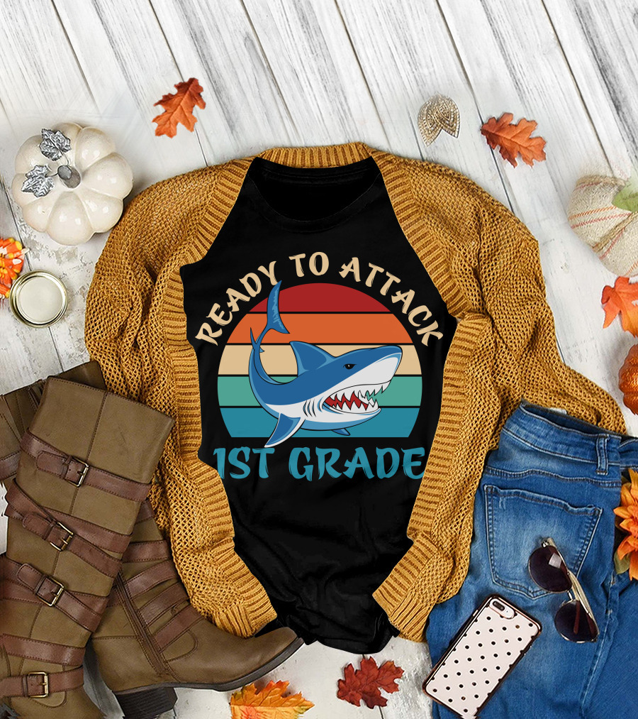 Ready to Attack 1st Grade Shark Retro Stripes T-Shirt