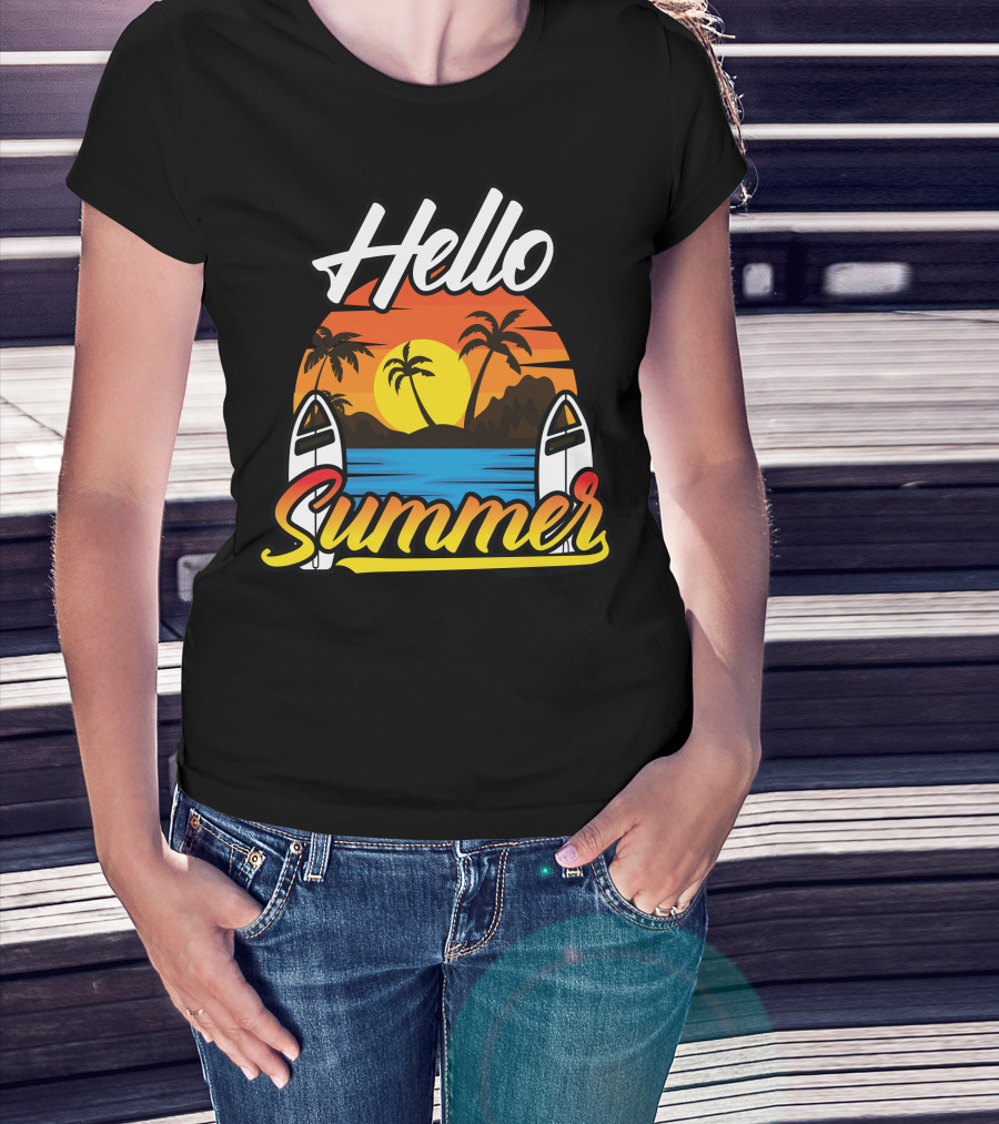 Hello Summer Sunset Surfing Beach Scene T-Shirt