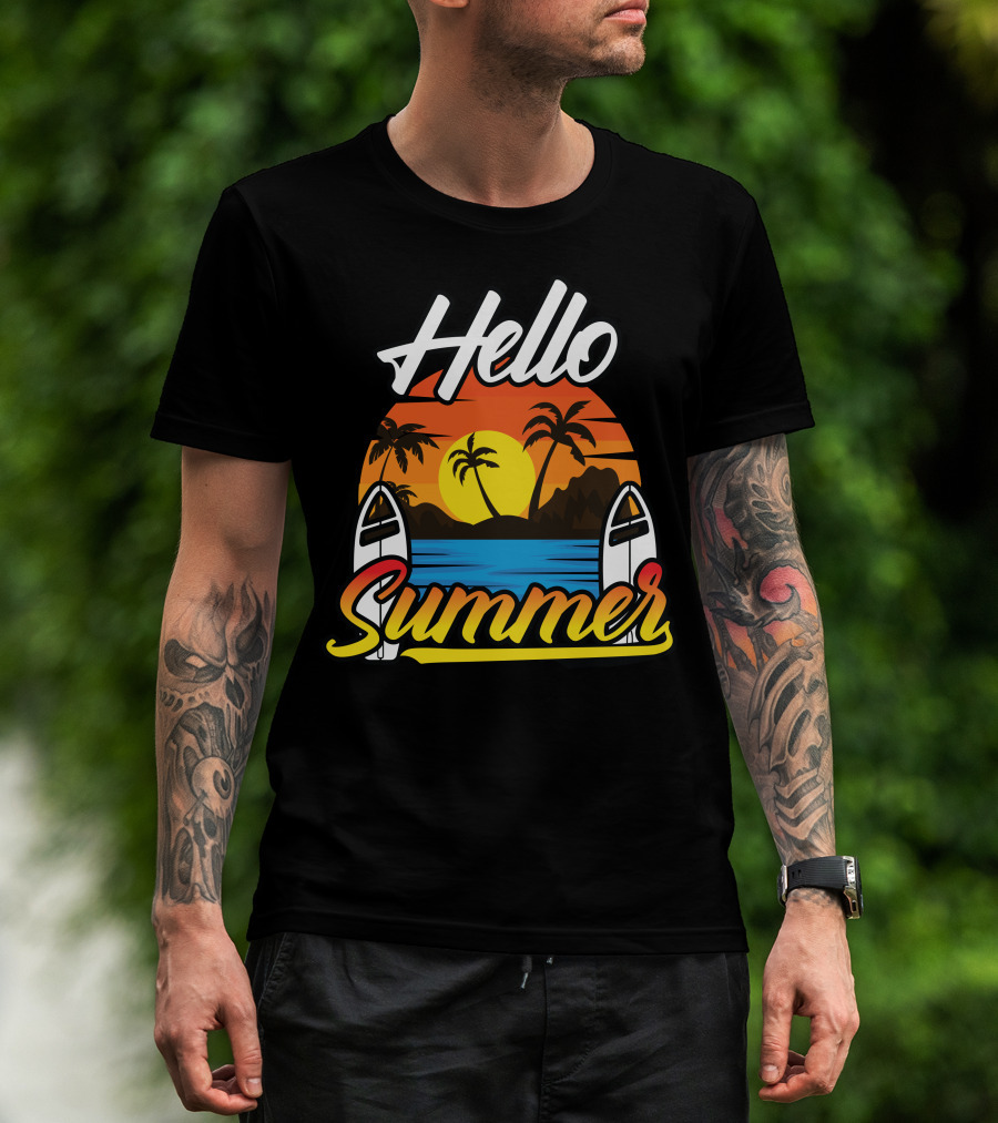 Hello Summer Sunset Surfing Beach Scene T-Shirt