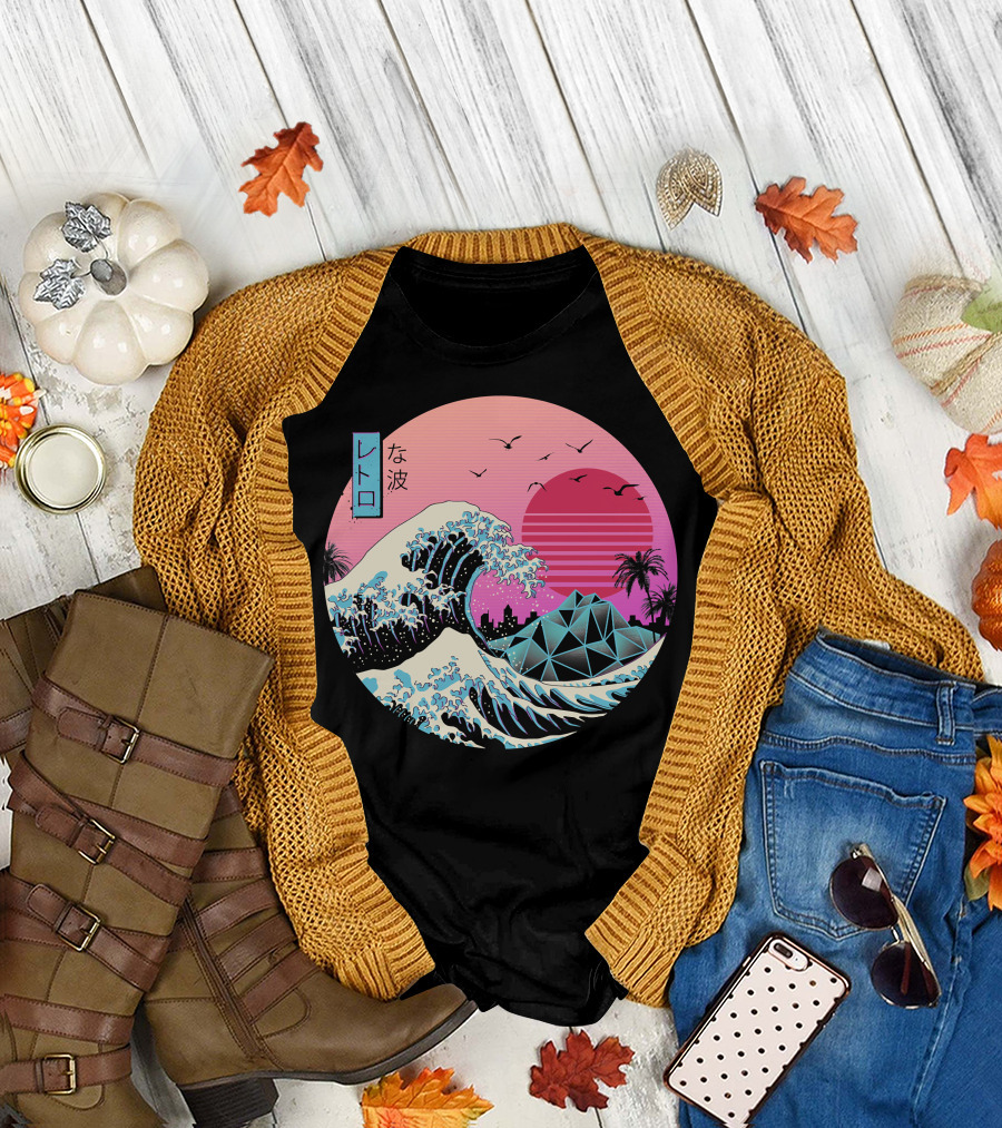 La Grande Vague Rétro Classique Synthwave Soleil et Palmiers Édition Japonaise T-Shirt