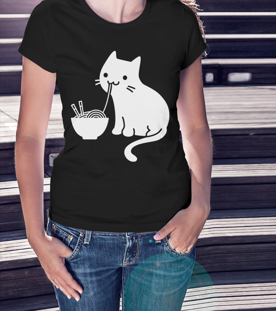 Chat Mignon Manger Ramen Essentiel Blanc Noir T-Shirt