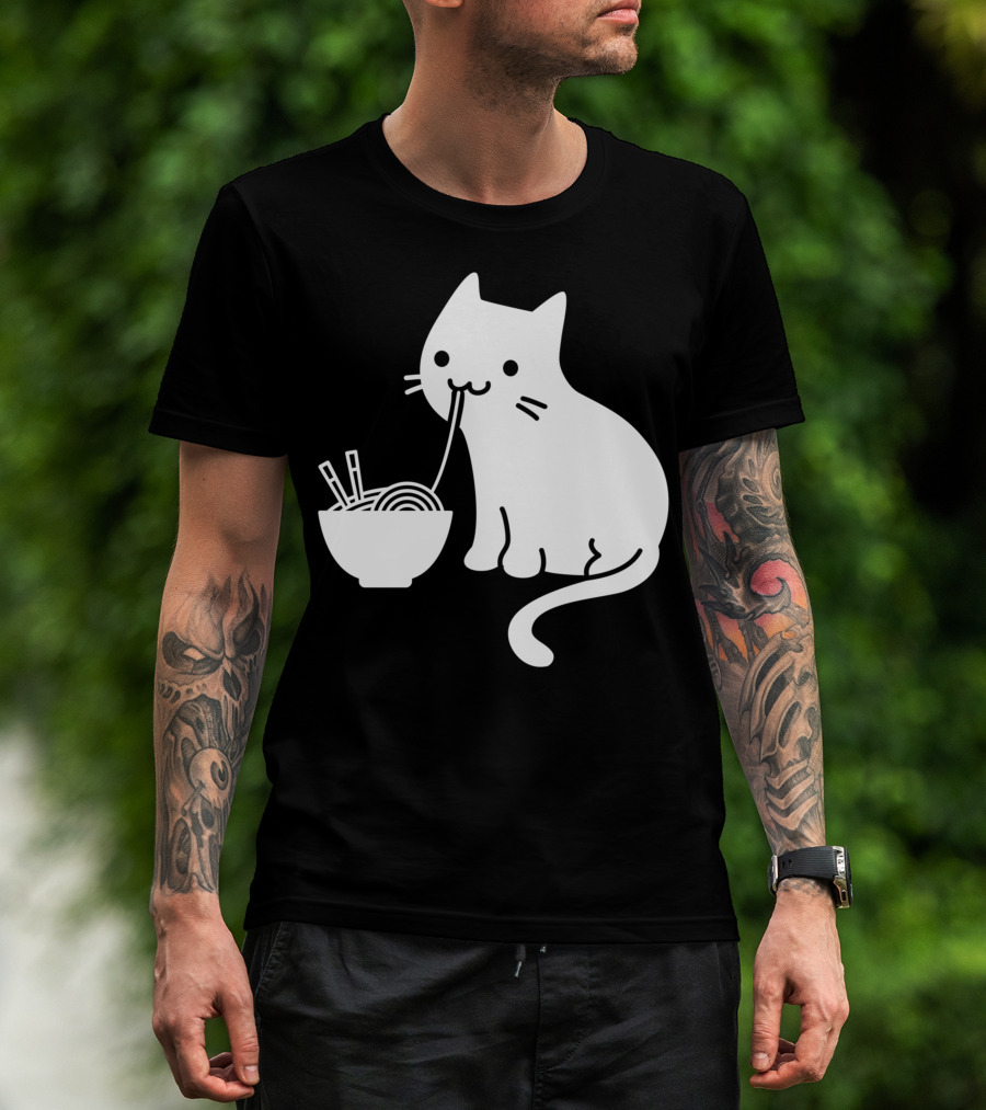 Chat Mignon Manger Ramen Essentiel Blanc Noir T-Shirt