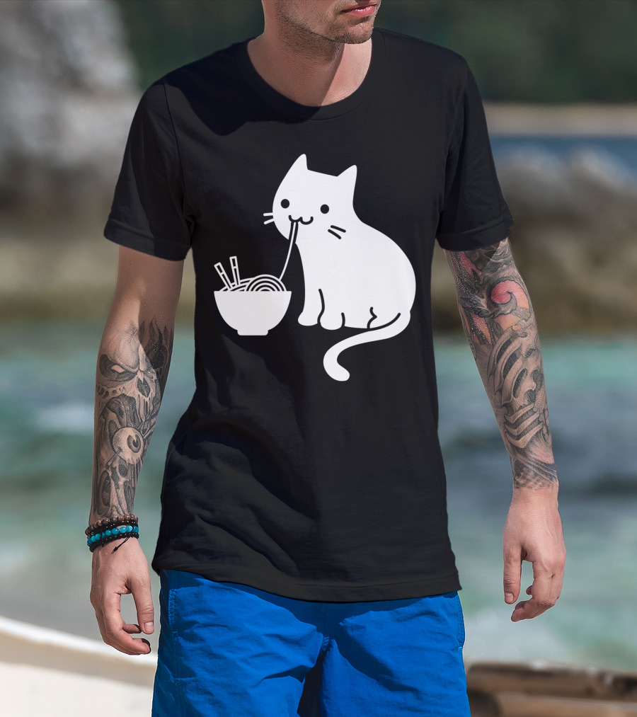 Chat Mignon Manger Ramen Essentiel Blanc Noir T-Shirt