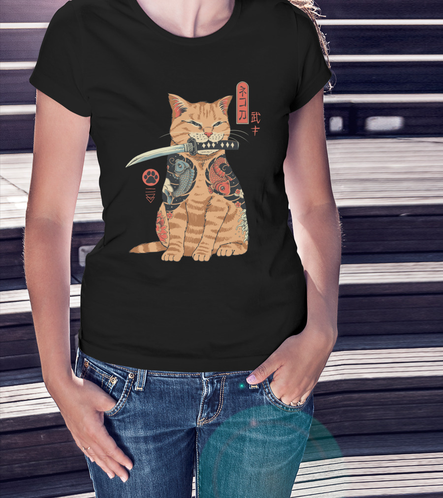 Catana Classique Samurai Cat Kanji Tattoo Koi Fish Katana T-Shirt