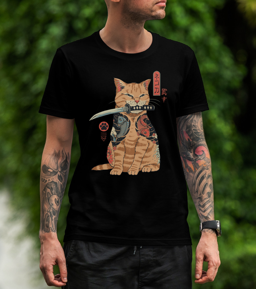 Catana Classique Samurai Cat Kanji Tattoo Koi Fish Katana T-Shirt