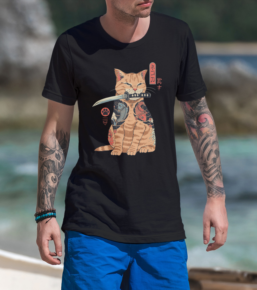Catana Classique Samurai Cat Kanji Tattoo Koi Fish Katana T-Shirt