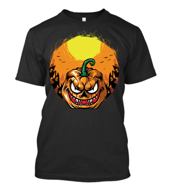 Spooky Grinning Pumpkin With Haunted Houses And Bats Under Full Moon Halloween T-Shirt
