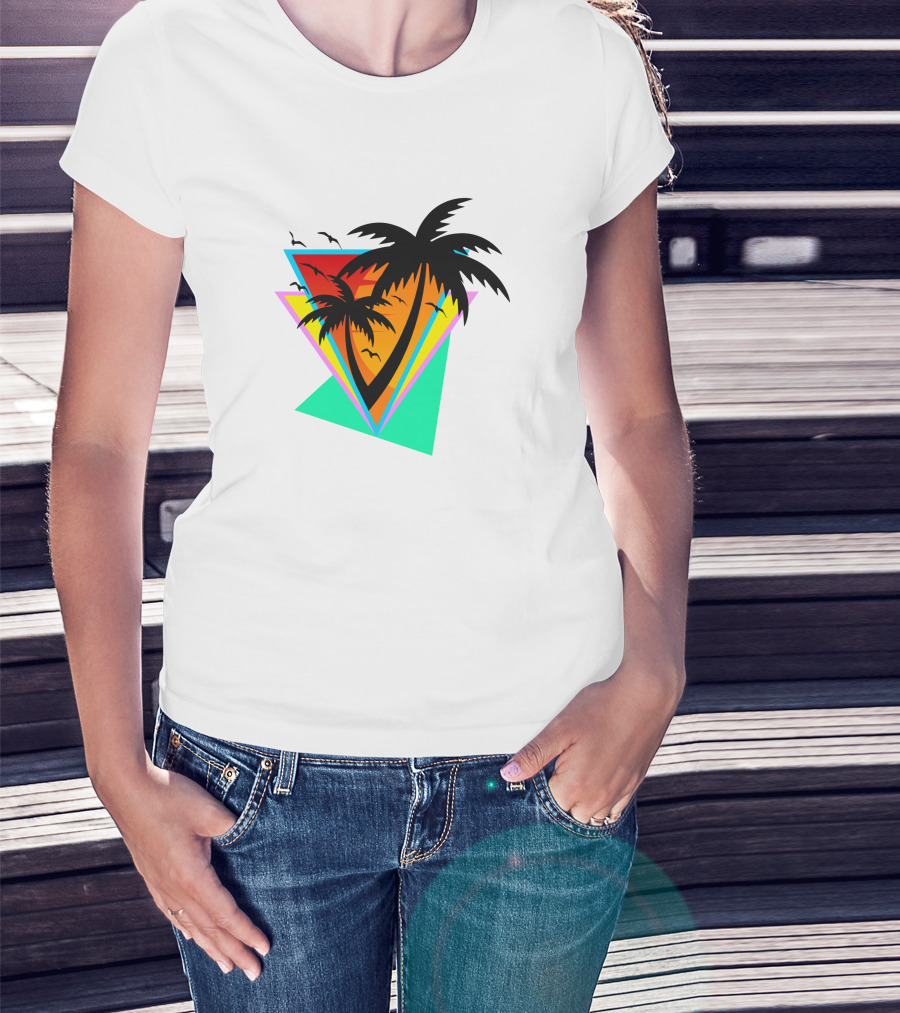 The Sea And You Tropical Palm Sunset With Geometric Triangles And Birds T-Shirt