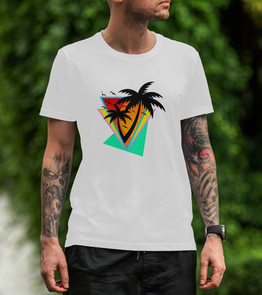 The Sea And You Tropical Palm Sunset With Geometric Triangles And Birds T-Shirt