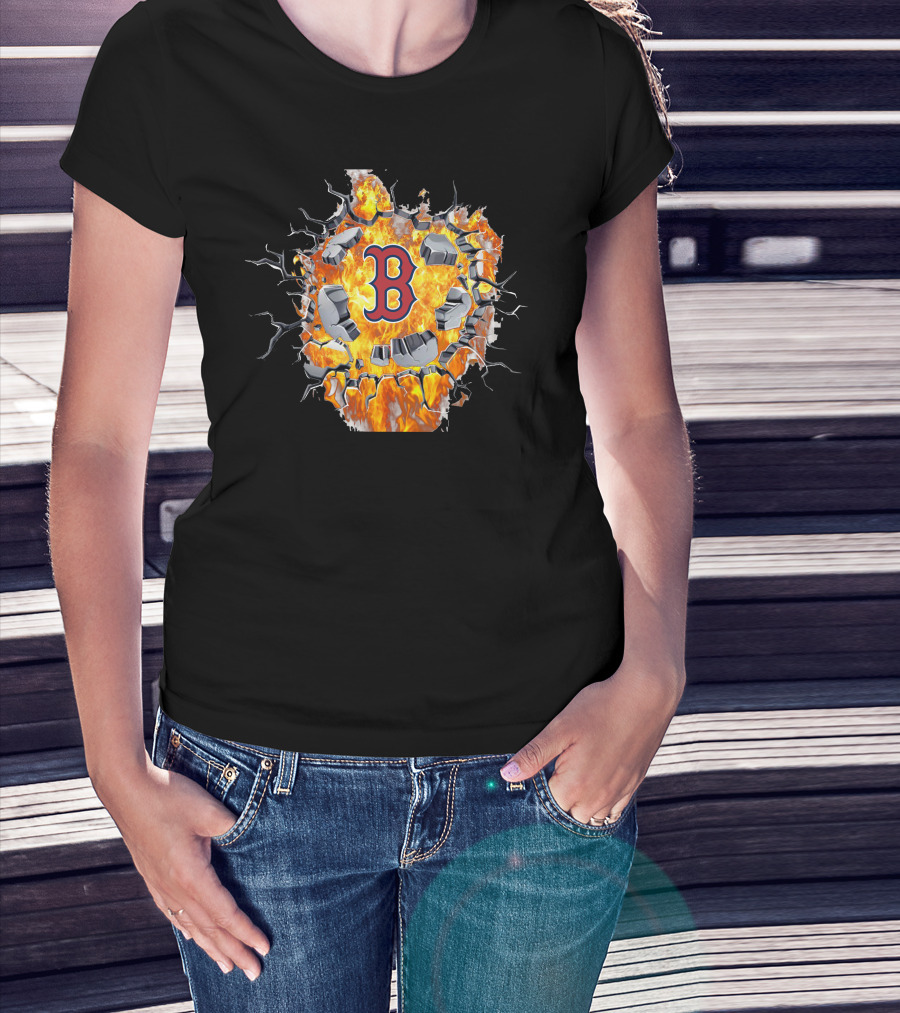 Boston Red Sox B Logo With Cracking Fiery Explosion T-Shirt