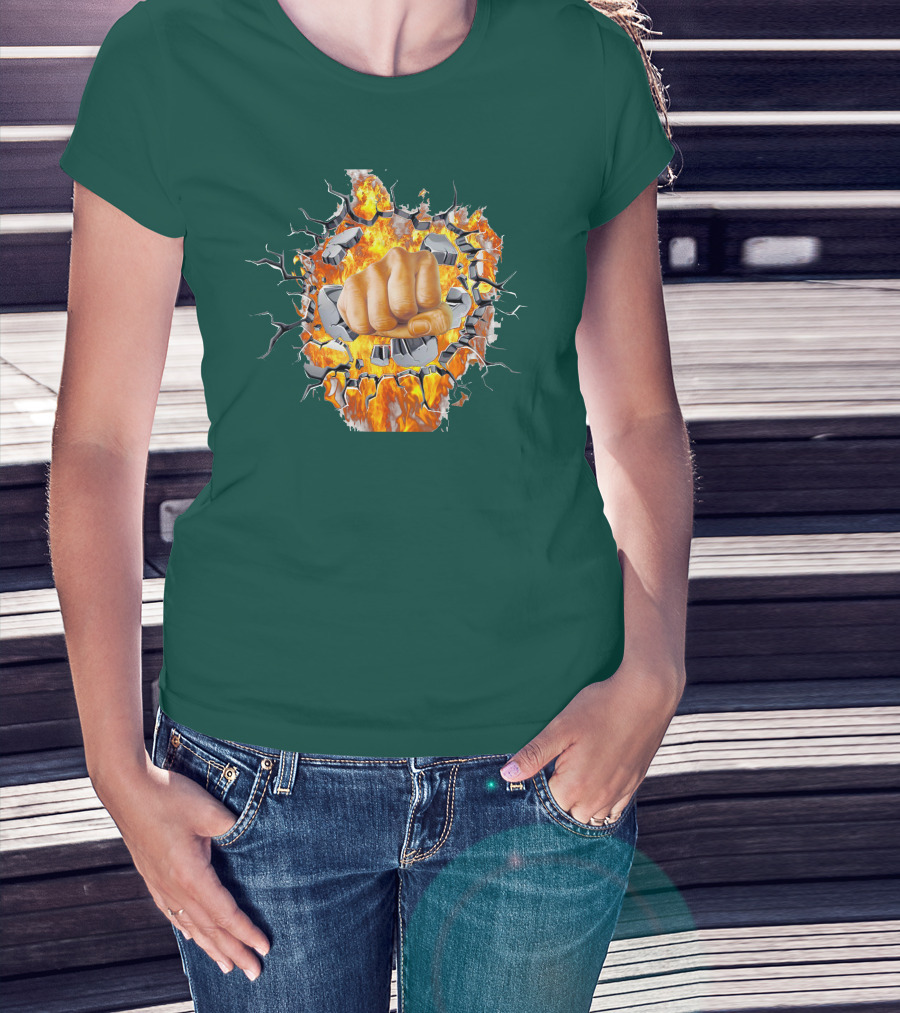 Steel Hands Fist Breaking Through Fiery Wall T-Shirt