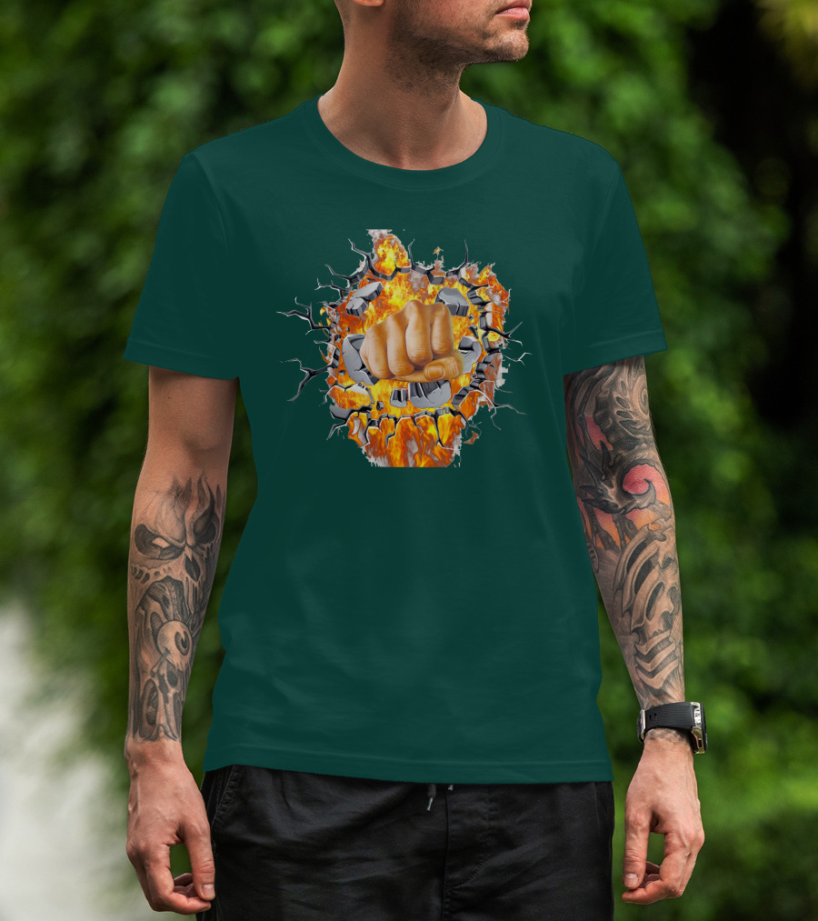 Steel Hands Fist Breaking Through Fiery Wall T-Shirt