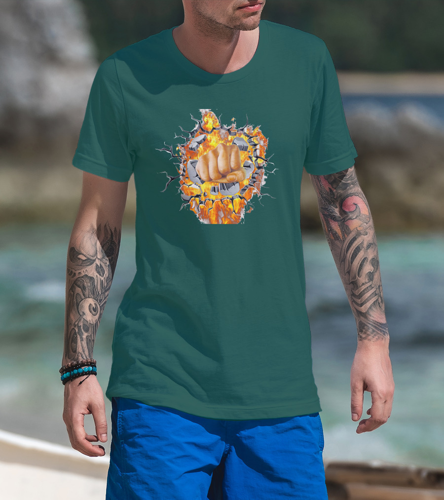 Steel Hands Fist Breaking Through Fiery Wall T-Shirt