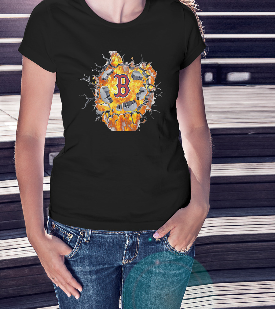 Boston Red Sox Fiery Letter B Cracked Wall Flame T-Shirt