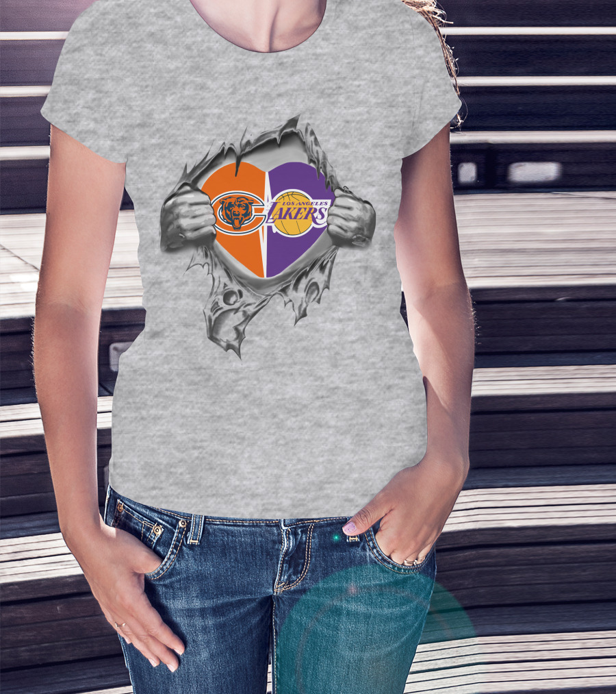 Bears And Los Angeles Lakers Logos Combined In Heart Shape Torn T-Shirt