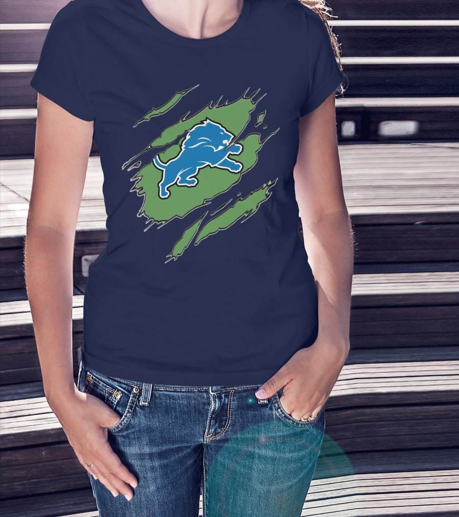 Detroit Lions Blue Roaring Lion With Claw Marks T-Shirt