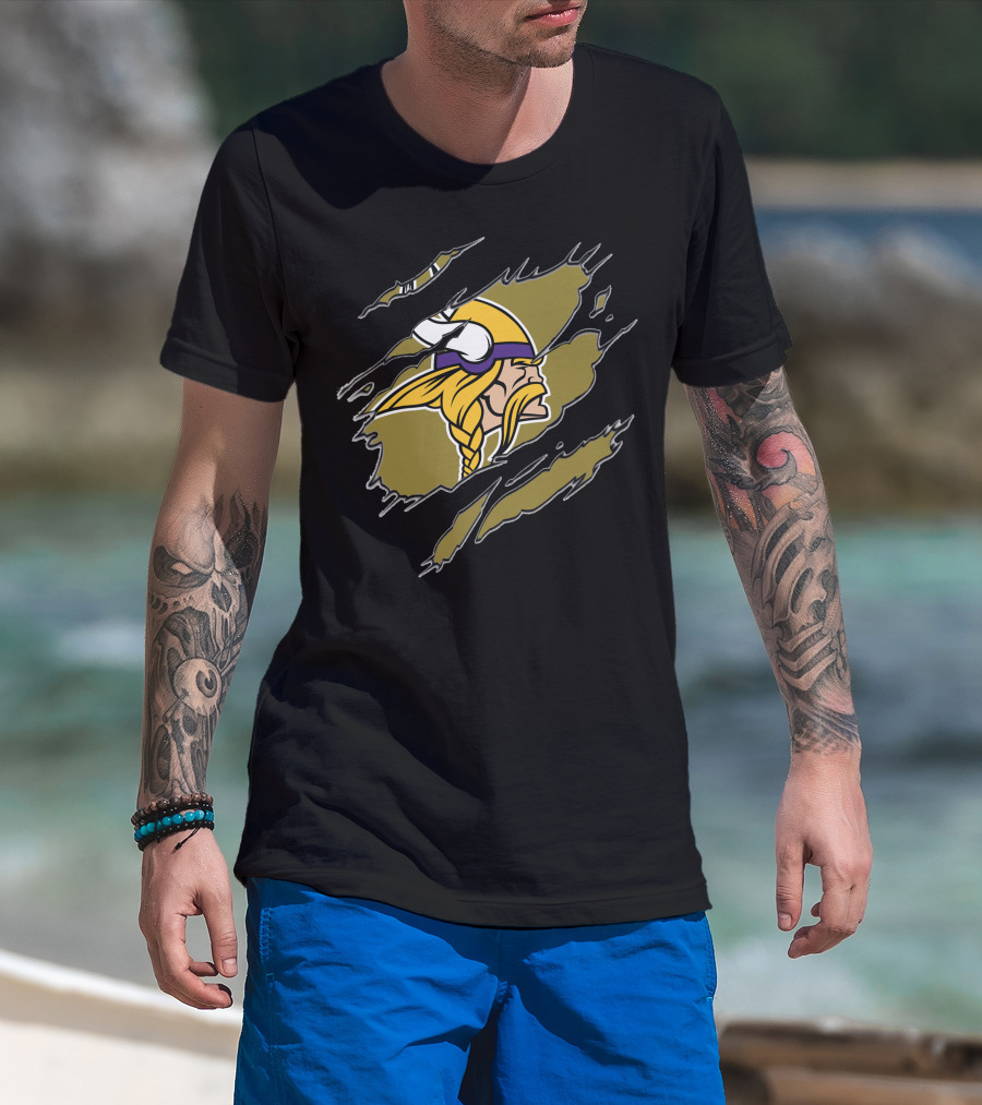 Minnesota Vikings Helmet And Warrior Tear Effect T-Shirt