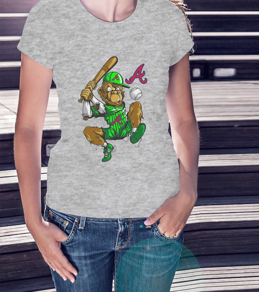 Atlanta Braves Home Run Bigfoot Baseball Character In Team Colors T-Shirt