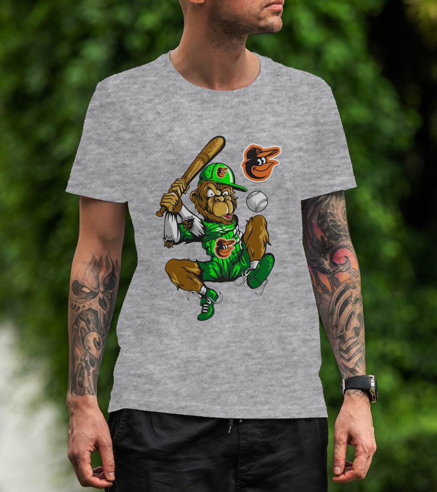 Baltimore Orioles Home Run Monkey With Baseball Bat And Cap Featuring Team T-Shirt