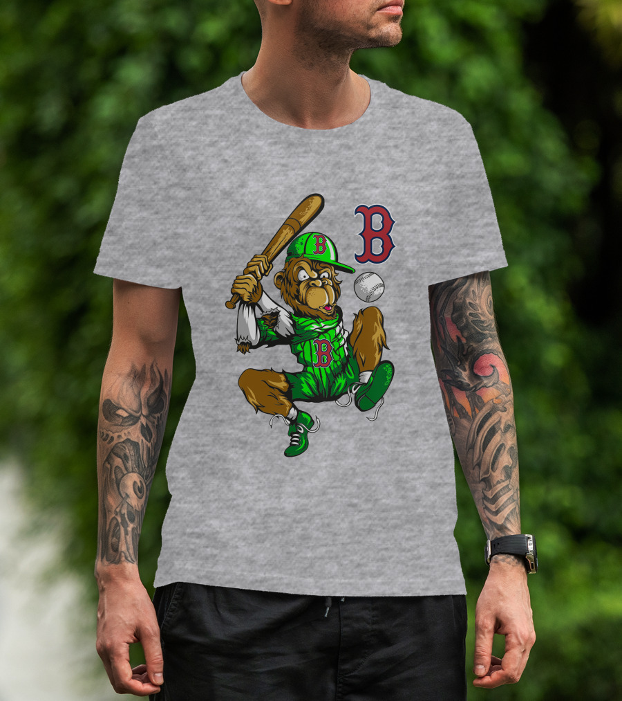Boston Red Sox B Logo Cartoon Baseball Player With Bat And Uniform T-Shirt