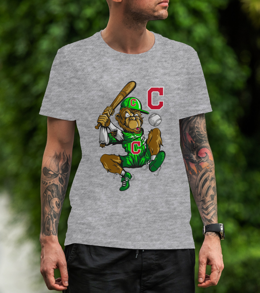 Cleveland Indians Home Run C Logo Green Jersey Baseball Bat Mascot T-Shirt