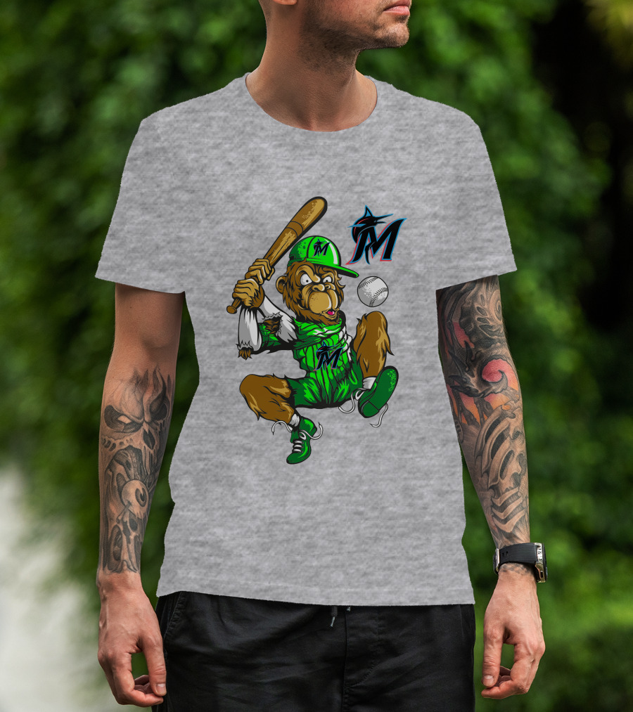 Miami Marlins Monkey Mascot Swinging At Baseball T-Shirt