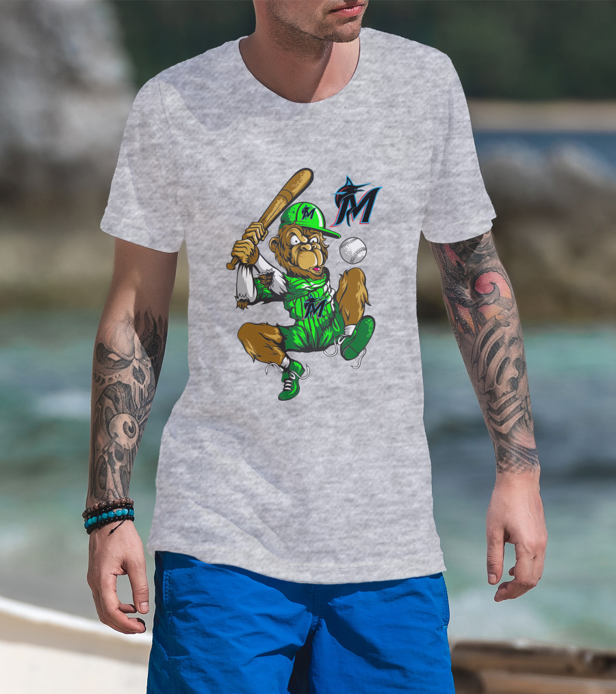 Miami Marlins Monkey Mascot Swinging At Baseball T-Shirt