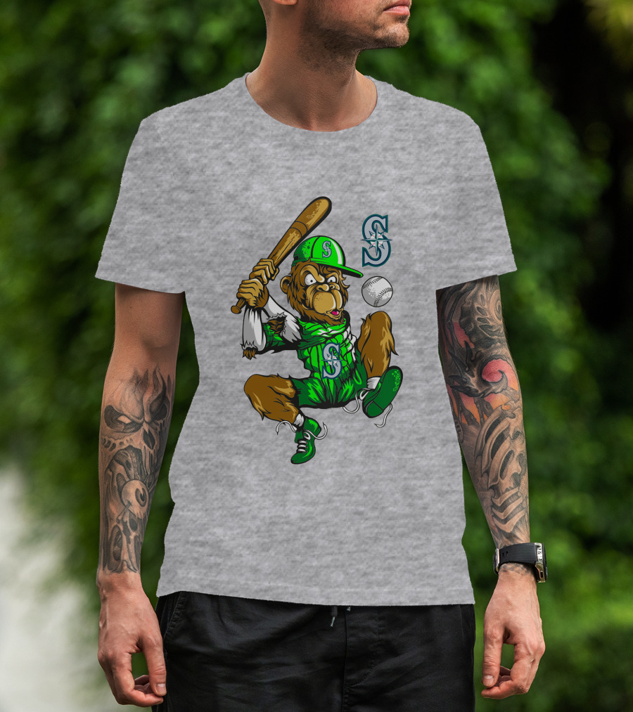 Seattle Mariners Baseball Gorilla Swing With Logo And Batting Pose T-Shirt