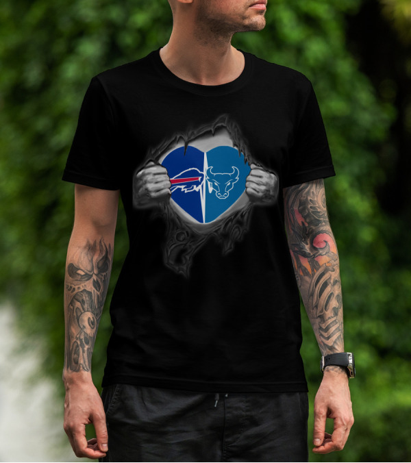 Buffalo Bills Buffalo Bulls Heart Logos Torn Fabric T-Shirt