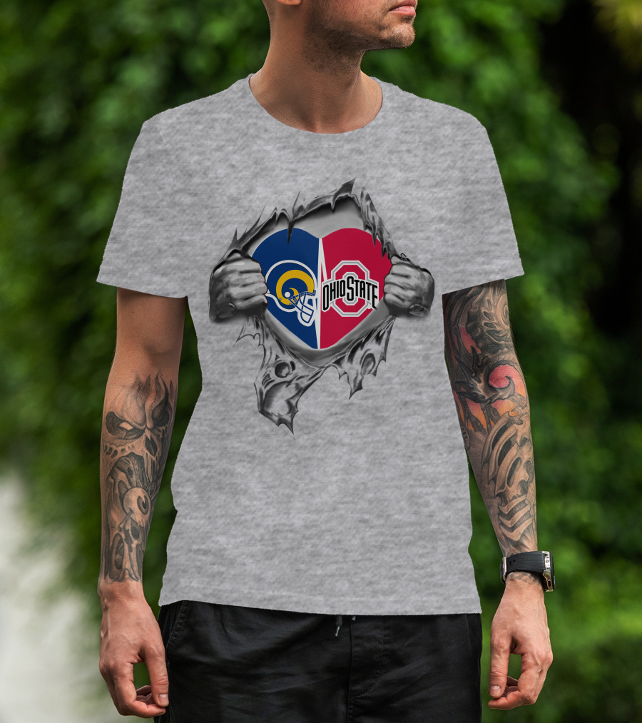 Rams Ohio State Heart Logos Tearing Through Fabric T-Shirt