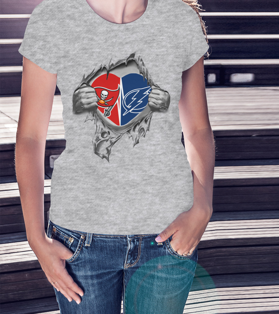 Tampa Bay Buccaneers Lightning Heart Logos Hidden In Chest T-Shirt